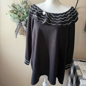 Woman’s Plus Elegant Black Sweater With Ruffle Neckline & Pearl Brooch 3X